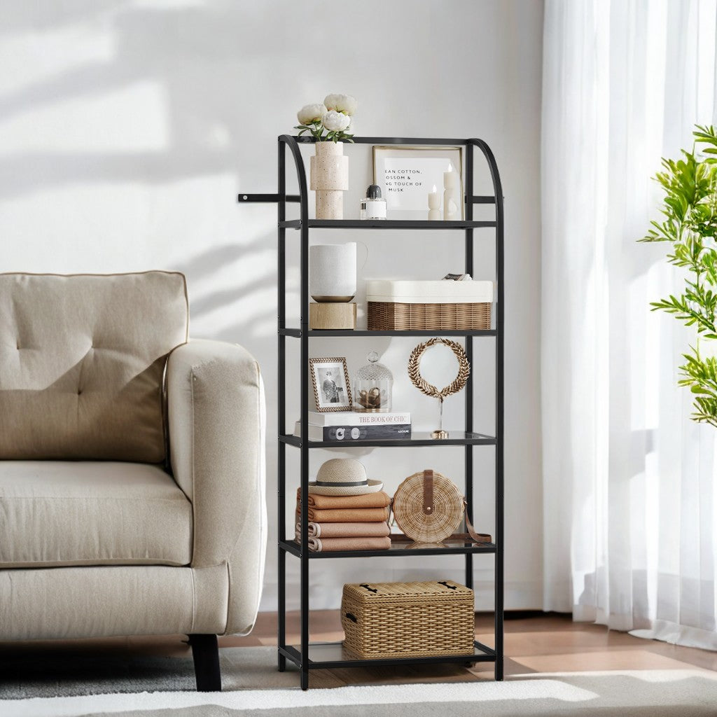 5-Tier Curved Bookshelf - Tempered Glass Shelves & Steel Frame, 22lb Capacity, Modern Display Case, Easy Assembly, Ink Black and Transparent