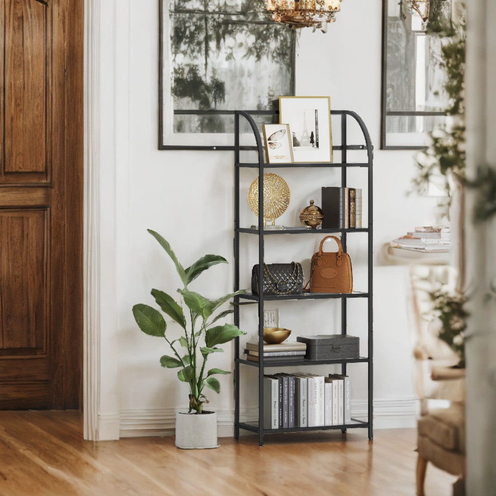 5-Tier Curved Bookshelf - Tempered Glass Shelves & Steel Frame, 22lb Capacity, Modern Display Case, Easy Assembly, Ink Black and Transparent