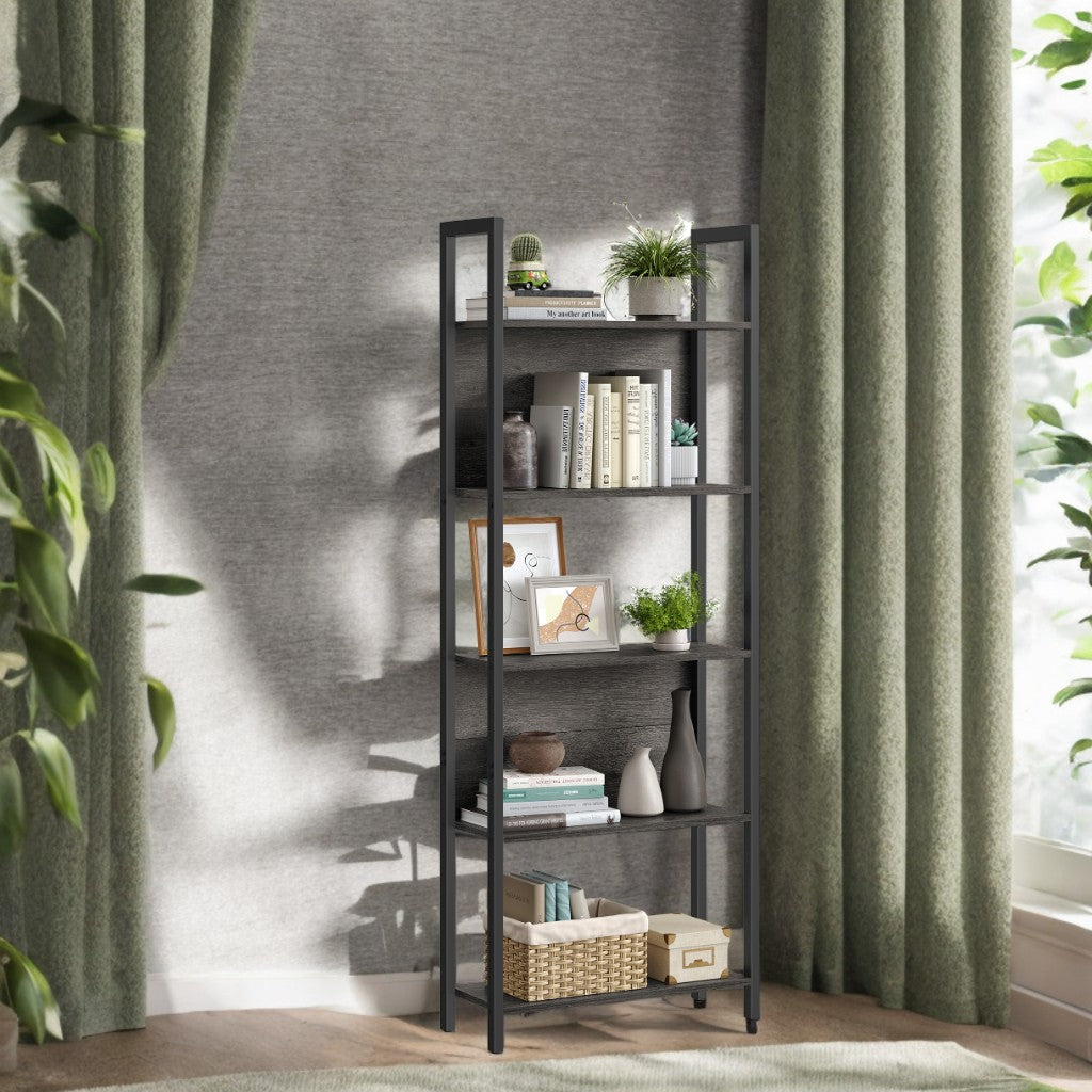 5-Tier Industrial Bookshelf - Steel Frame, 44lb Capacity, Anti-Tip Kit, Multi-Purpose Storage, Easy Assembly, Charcoal Gray and Black
