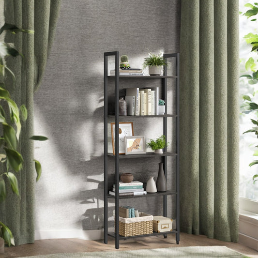 5-Tier Industrial Bookshelf - Steel Frame, 44lb Capacity, Anti-Tip Kit, Multi-Purpose Storage, Easy Assembly, Charcoal Gray and Black