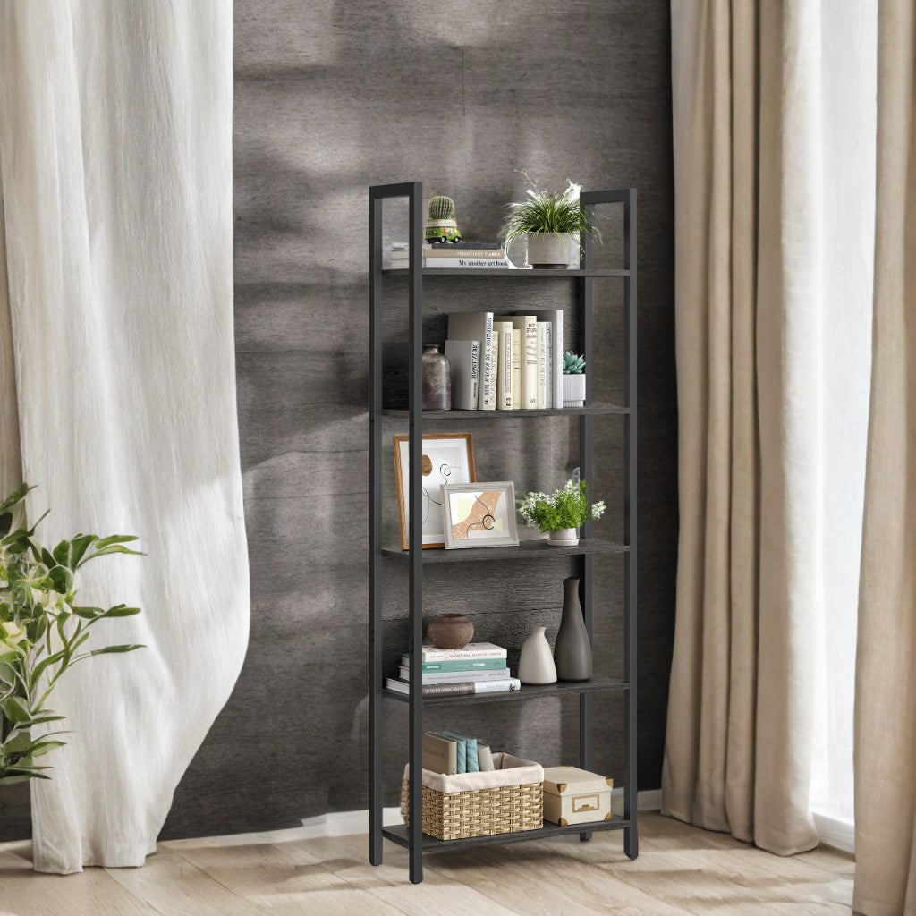 5-Tier Industrial Bookshelf - Steel Frame, 44lb Capacity, Anti-Tip Kit, Multi-Purpose Storage, Easy Assembly, Charcoal Gray and Black