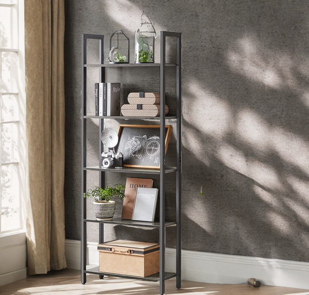 5-Tier Industrial Bookshelf - Steel Frame, 44lb Capacity, Anti-Tip Kit, Multi-Purpose Storage, Easy Assembly, Charcoal Gray and Black