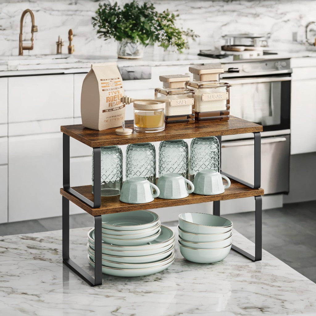 4-Pack Stackable Kitchen Shelves - 33lb Capacity, Adjustable Organizer Rack, Metal/Wood Construction, Ink Black and Rustic Brown