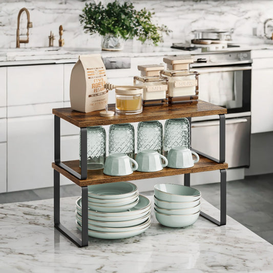 4-Pack Stackable Kitchen Shelves - 33lb Capacity, Adjustable Organizer Rack, Metal/Wood Construction, Ink Black and Rustic Brown