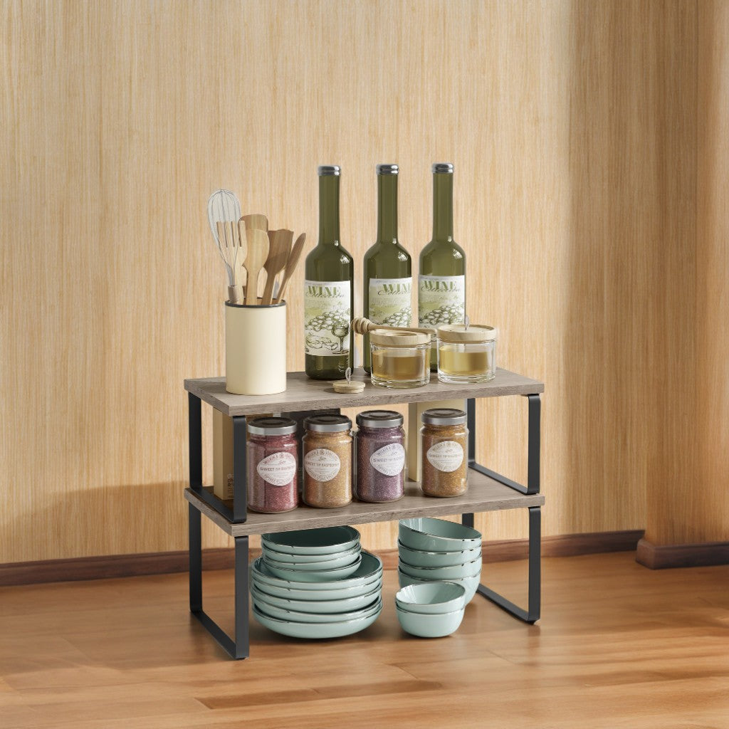 4-Pack Kitchen Organizer Shelves - Stackable, 33lb Capacity, Adjustable Storage Rack, Metal/Wood, Ink Black and Heather Greige