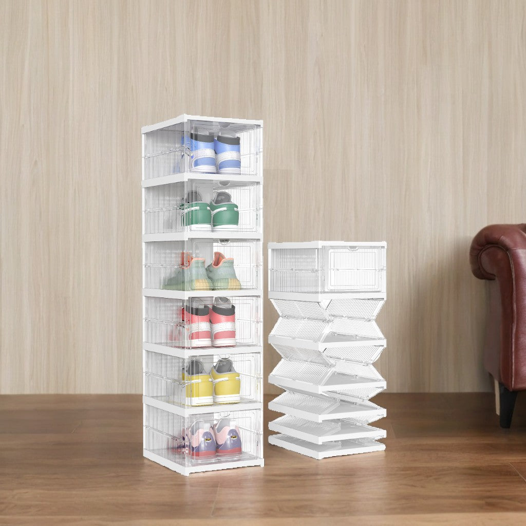 Stackable Shoe Storage Boxes - Pack of 6 Foldable Organizers with Clear View Doors & Ventilation, Fits Size 13, Transparent and Cloud White