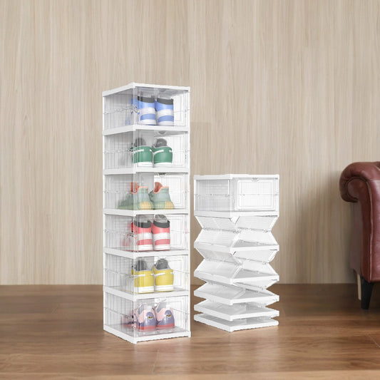 Stackable Shoe Storage Boxes - Pack of 6 Foldable Organizers with Clear View Doors & Ventilation, Fits Size 13, Transparent and Cloud White