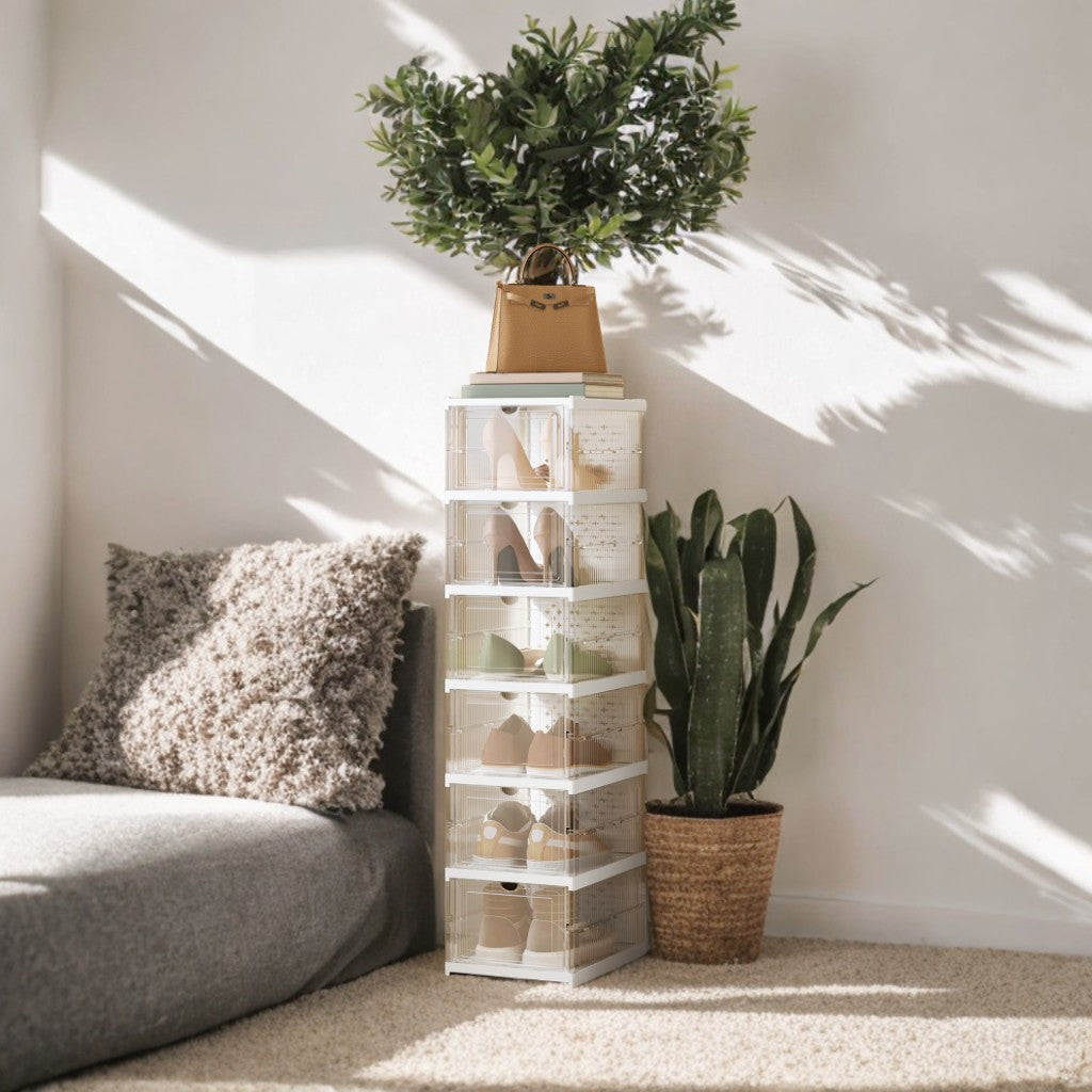 Stackable Shoe Storage Boxes - Pack of 6 Foldable Organizers with Clear View Doors & Ventilation, Fits Size 13, Transparent and Cloud White