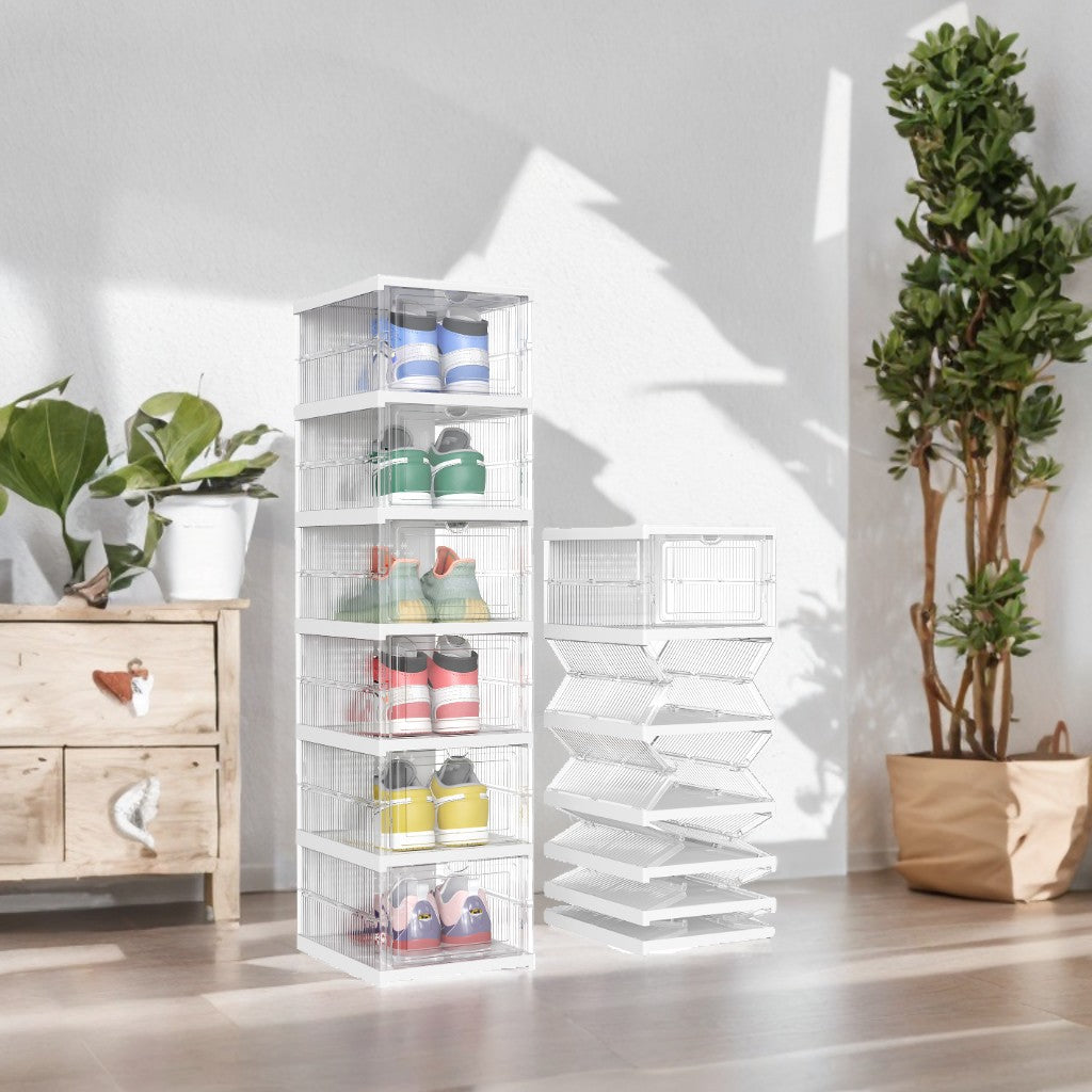 Stackable Shoe Storage Boxes - Pack of 6 Foldable Organizers with Clear View Doors & Ventilation, Fits Size 13, Transparent and Cloud White
