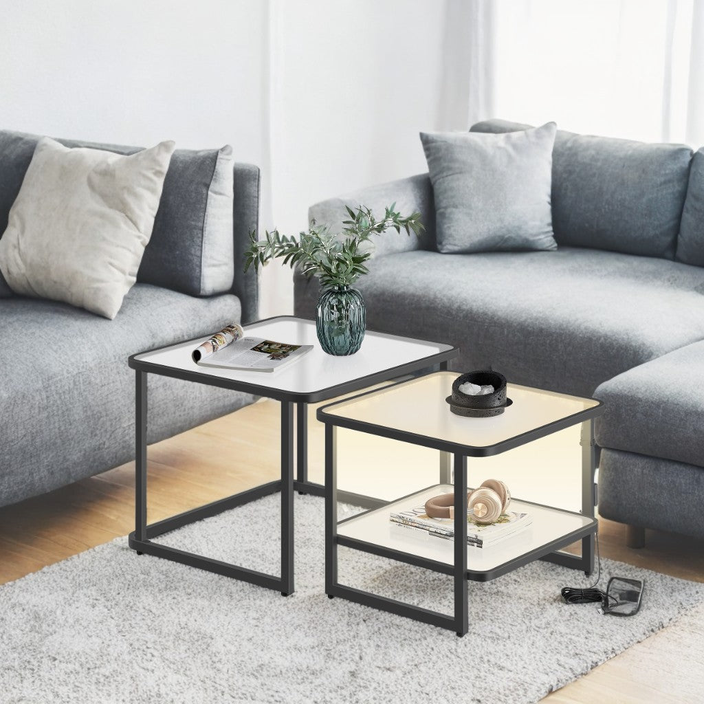 2-Pack Nesting Coffee Tables - LED Lighted, Frosted Glass & Steel Frame, Modern Side Tables, Cloud White and Ink Black