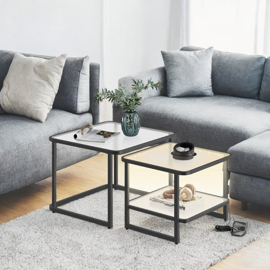 2-Pack Nesting Coffee Tables - LED Lighted, Frosted Glass & Steel Frame, Modern Side Tables, Cloud White and Ink Black