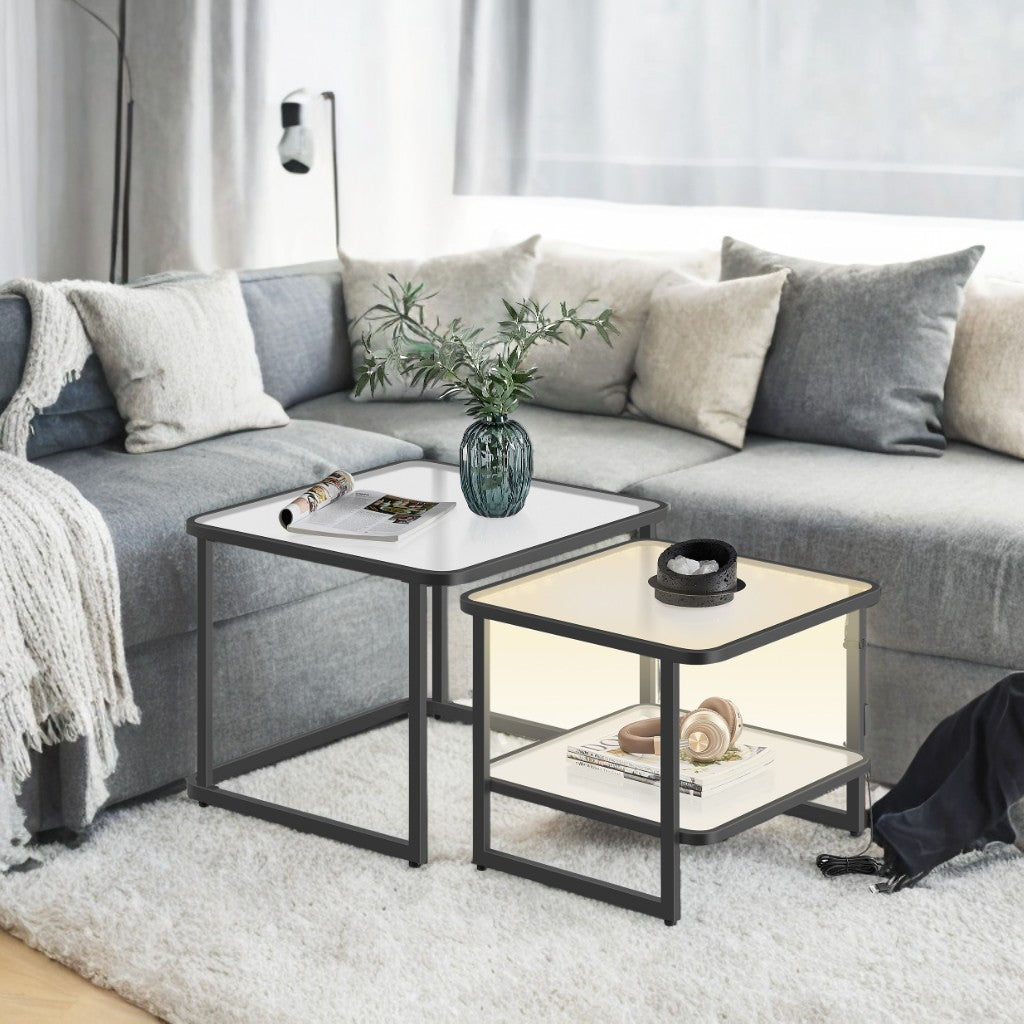 2-Pack Nesting Coffee Tables - LED Lighted, Frosted Glass & Steel Frame, Modern Side Tables, Cloud White and Ink Black