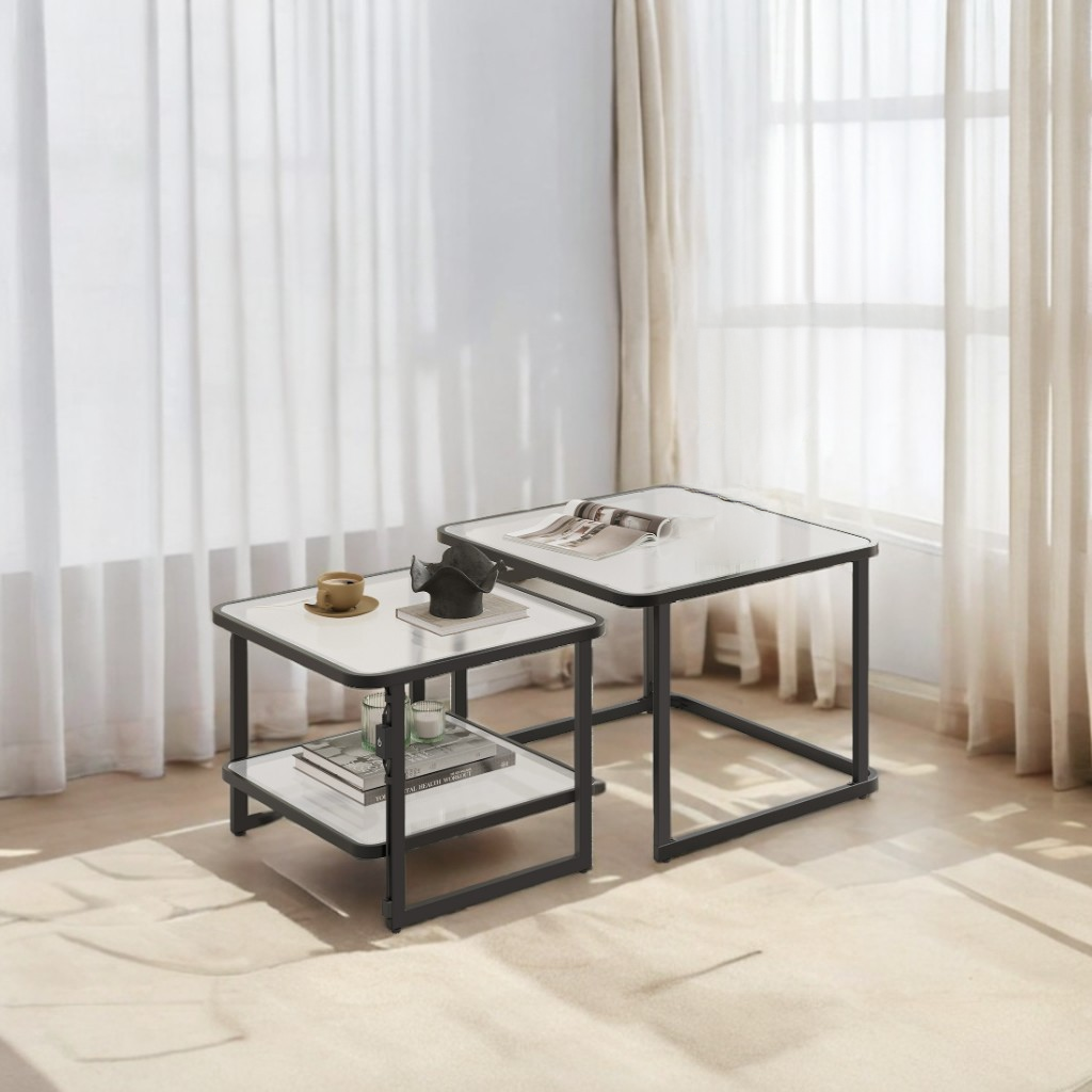 2-Pack Nesting Coffee Tables - LED Lighted, Frosted Glass & Steel Frame, Modern Side Tables, Cloud White and Ink Black