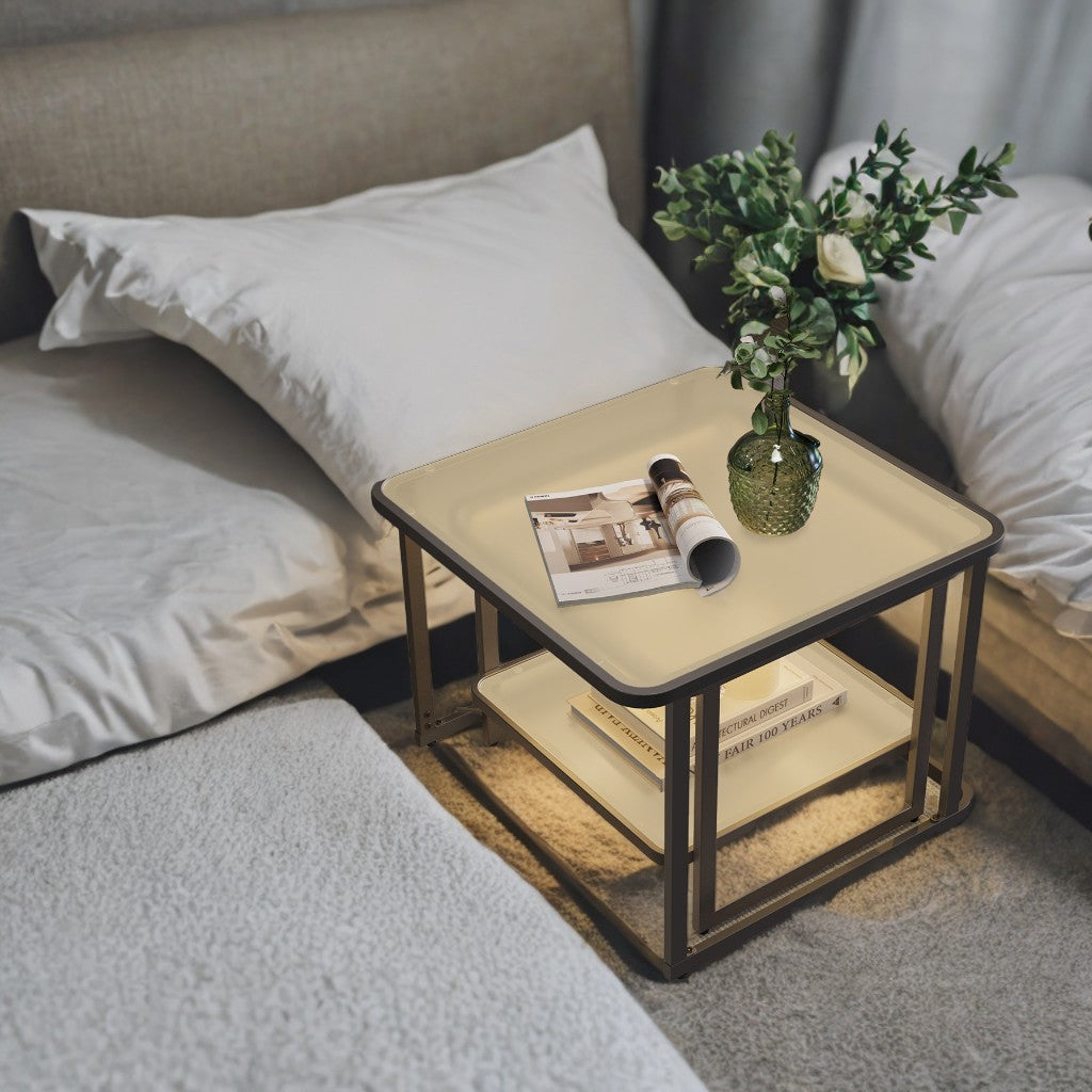 2-Pack Nesting Coffee Tables - LED Lighted, Frosted Glass & Steel Frame, Modern Side Tables, Cloud White and Ink Black