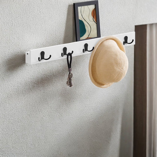 Wall Mounted Coat Rack - 5 Double Hooks with Shelf, 55lb Capacity, Bamboo and Metal, Entryway Organizer, Cloud White