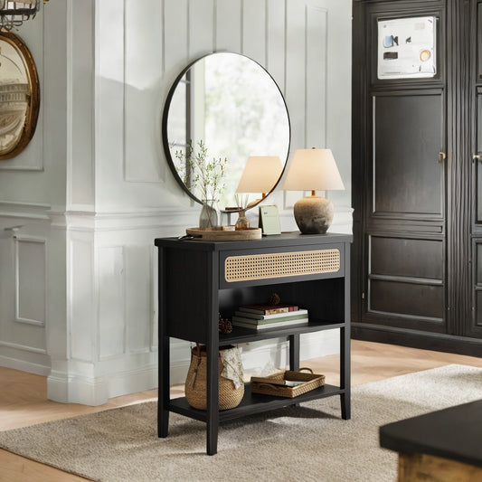Boho Console Table with Power Outlets - Entryway Table with Drawer & Shelf, 2 AC + 2 USB Ports, Ash Black