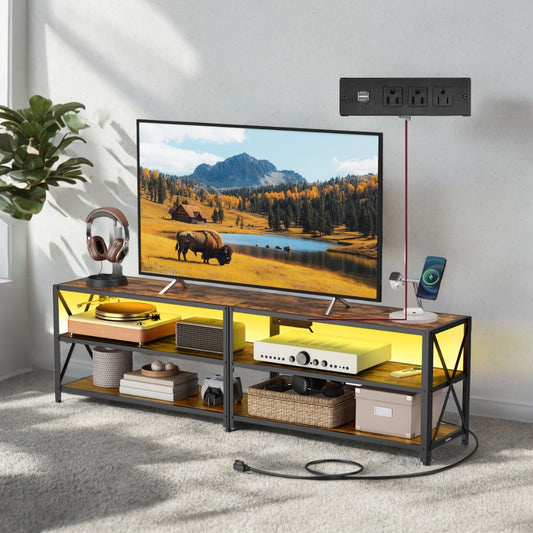 75" TV Stand with Power Outlets & LED Lights - Entertainment Center with Charging Station, 3 Shelves, Rustic Brown and Ink Black