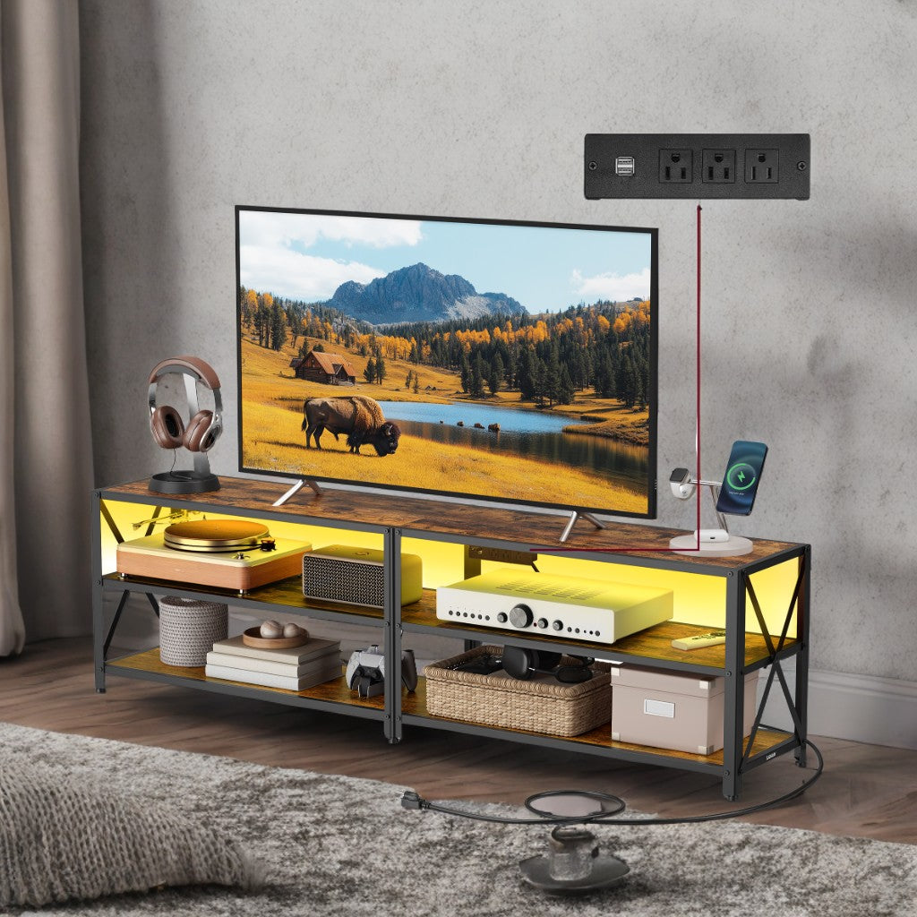 75" TV Stand with Power Outlets & LED Lights - Entertainment Center with Charging Station, 3 Shelves, Rustic Brown and Ink Black