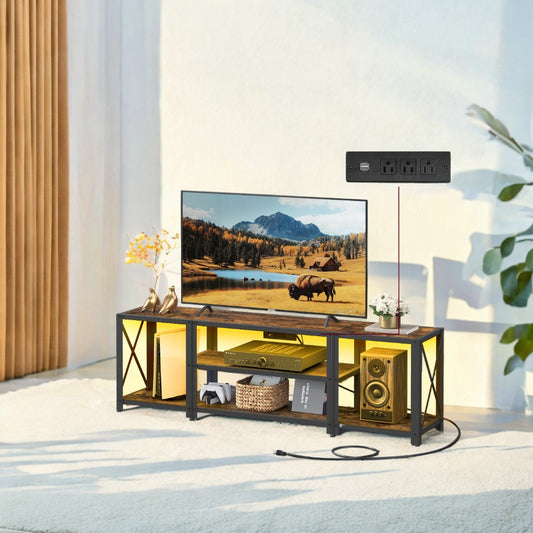 60" TV Stand with Power Outlets & LED Lights - Entertainment Center with Charging Station, 4 Shelves, Rustic Brown and Ink Black