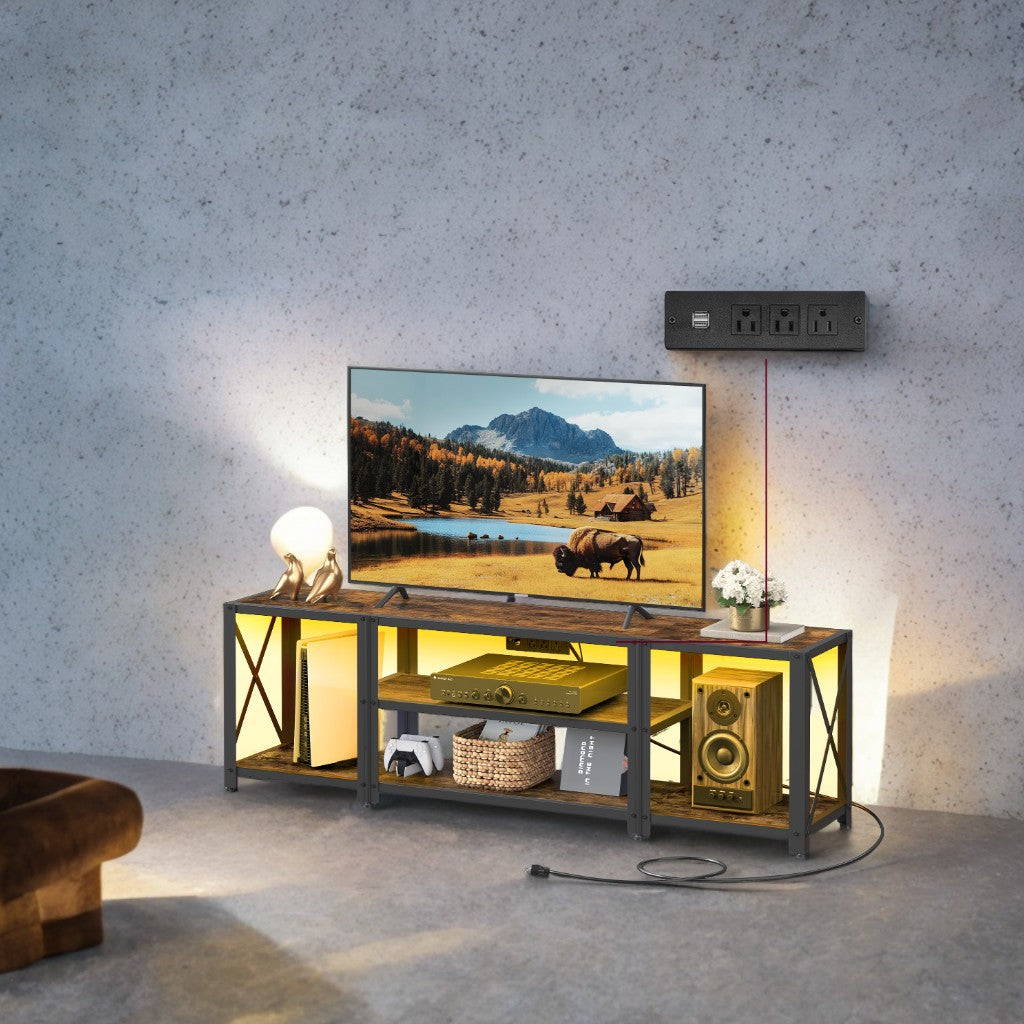 60" TV Stand with Power Outlets & LED Lights - Entertainment Center with Charging Station, 4 Shelves, Rustic Brown and Ink Black