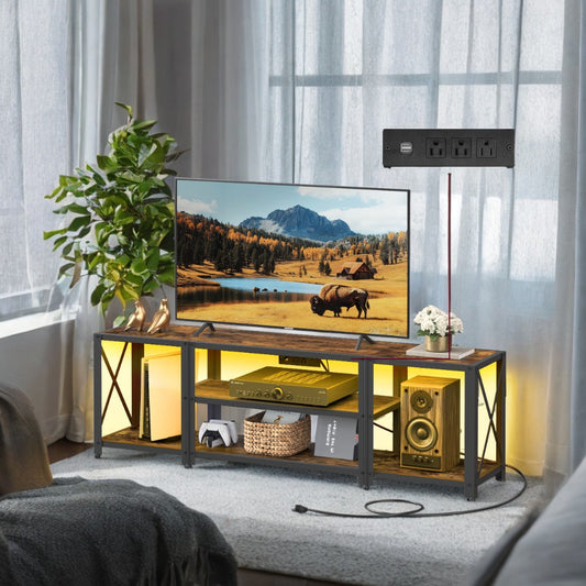 75" TV Stand with Charging Station & LED Lights - Entertainment Center with 4 Shelves, Rustic Brown and Ink Black