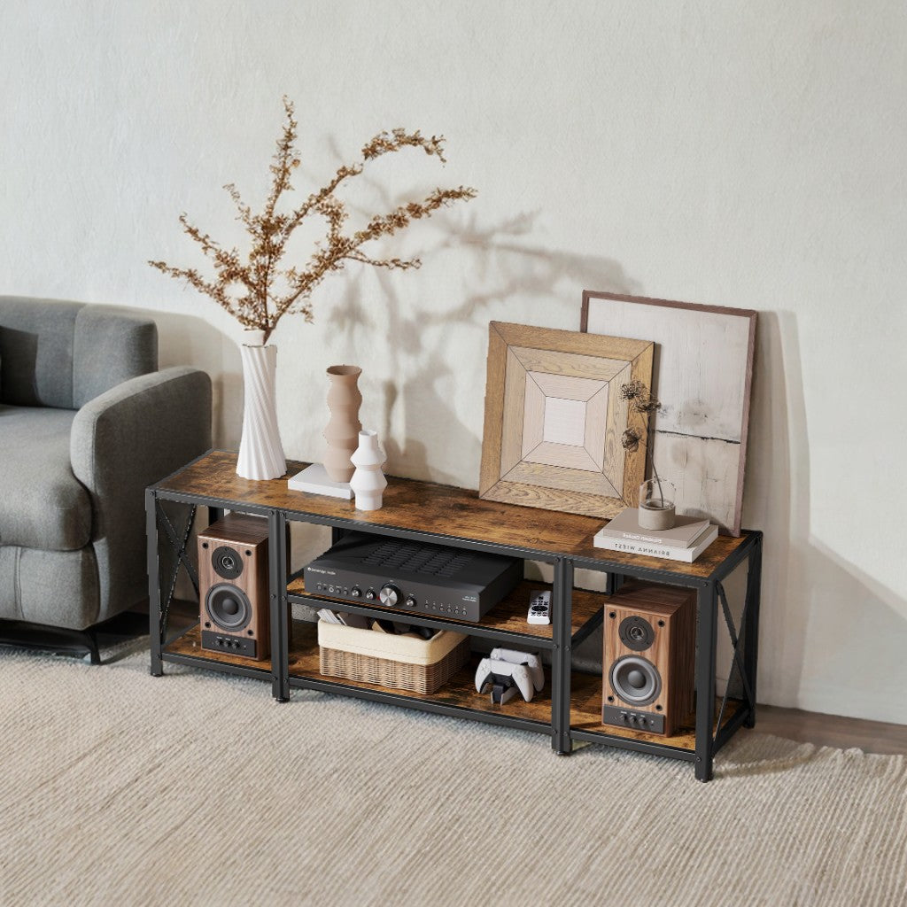 75" TV Stand with Charging Station & LED Lights - Entertainment Center with 4 Shelves, Rustic Brown and Ink Black