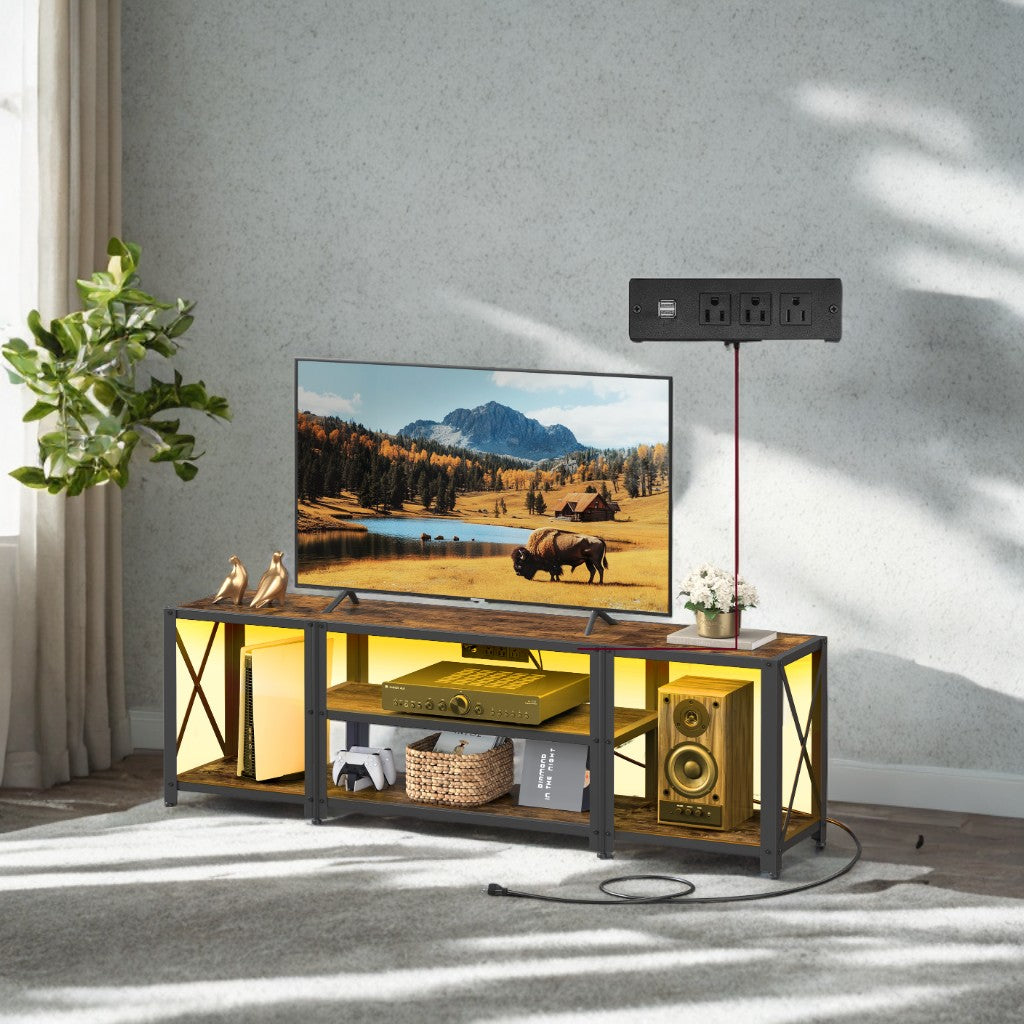75" TV Stand with Charging Station & LED Lights - Entertainment Center with 4 Shelves, Rustic Brown and Ink Black
