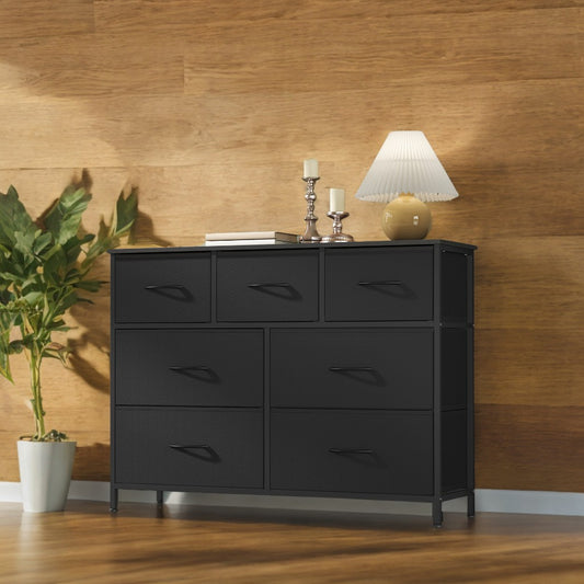 7-Drawer Fabric Dresser - Modern Storage Organizer for Bedroom, Closet & Entryway, Adjustable Feet, Anti-Tip Kit, Ink Black and Ebony Black