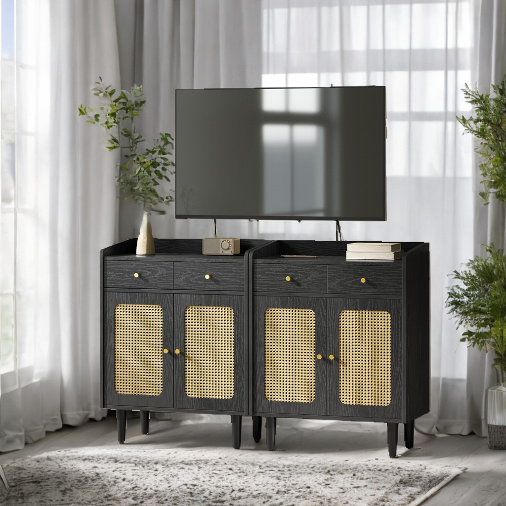 Boho Sideboard Cabinet with Rattan Doors & Drawers, Adjustable Shelf, Coffee Bar or Entryway Storage, Solid Wood Legs, Ebony Black