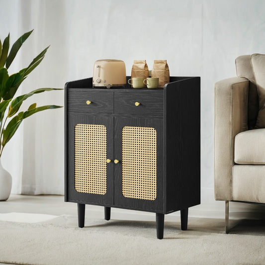 Boho Sideboard Cabinet with Rattan Doors & Drawers, Adjustable Shelf, Coffee Bar or Entryway Storage, Solid Wood Legs, Ebony Black