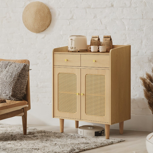 Boho Sideboard Cabinet with Rattan Doors, Adjustable Shelf & Drawers, Multi-Functional Storage for Living, Dining Room, Solid Wood Legs, Oak Beige