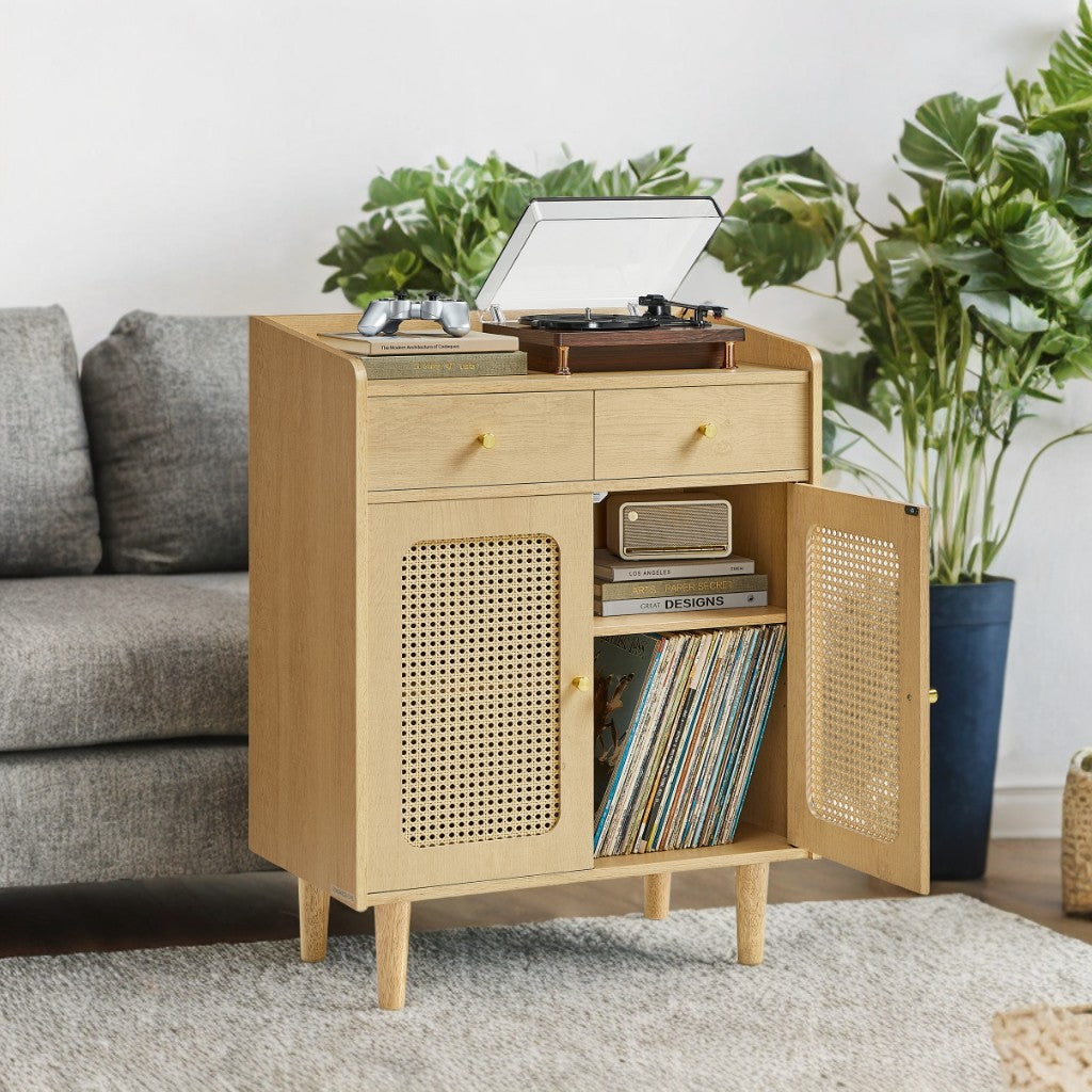 Boho Sideboard Cabinet with Rattan Doors, Adjustable Shelf & Drawers, Multi-Functional Storage for Living, Dining Room, Solid Wood Legs, Oak Beige