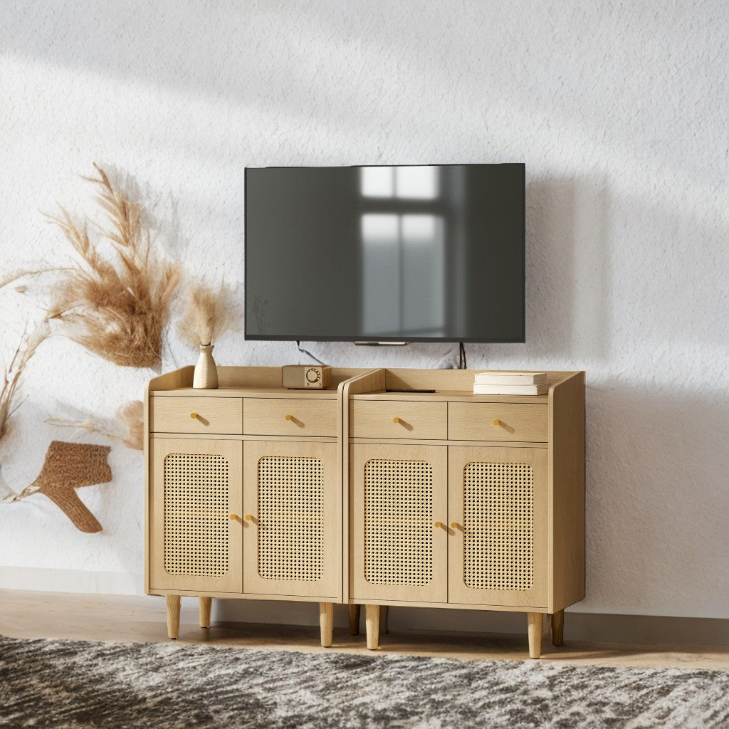 Boho Sideboard Cabinet with Rattan Doors, Adjustable Shelf & Drawers, Multi-Functional Storage for Living, Dining Room, Solid Wood Legs, Oak Beige