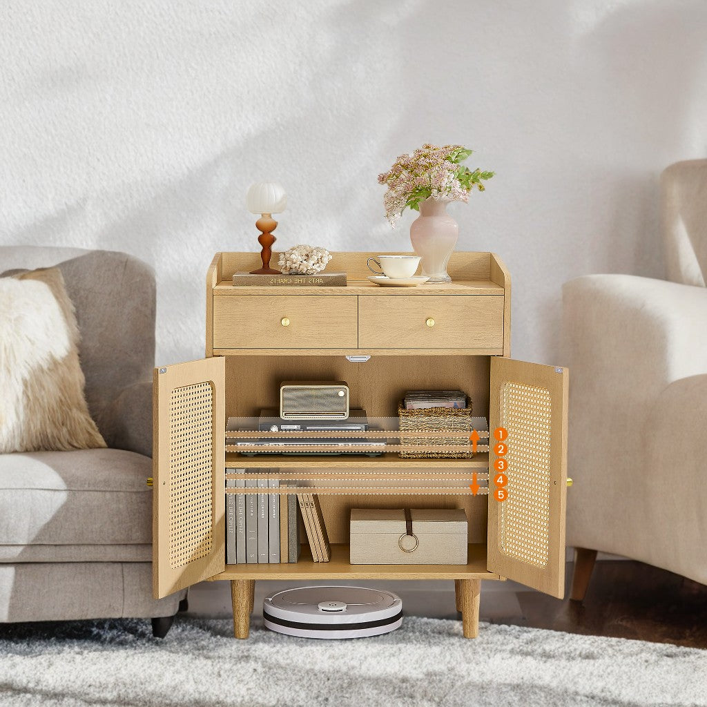 Boho Sideboard Cabinet with Rattan Doors, Adjustable Shelf & Drawers, Multi-Functional Storage for Living, Dining Room, Solid Wood Legs, Oak Beige