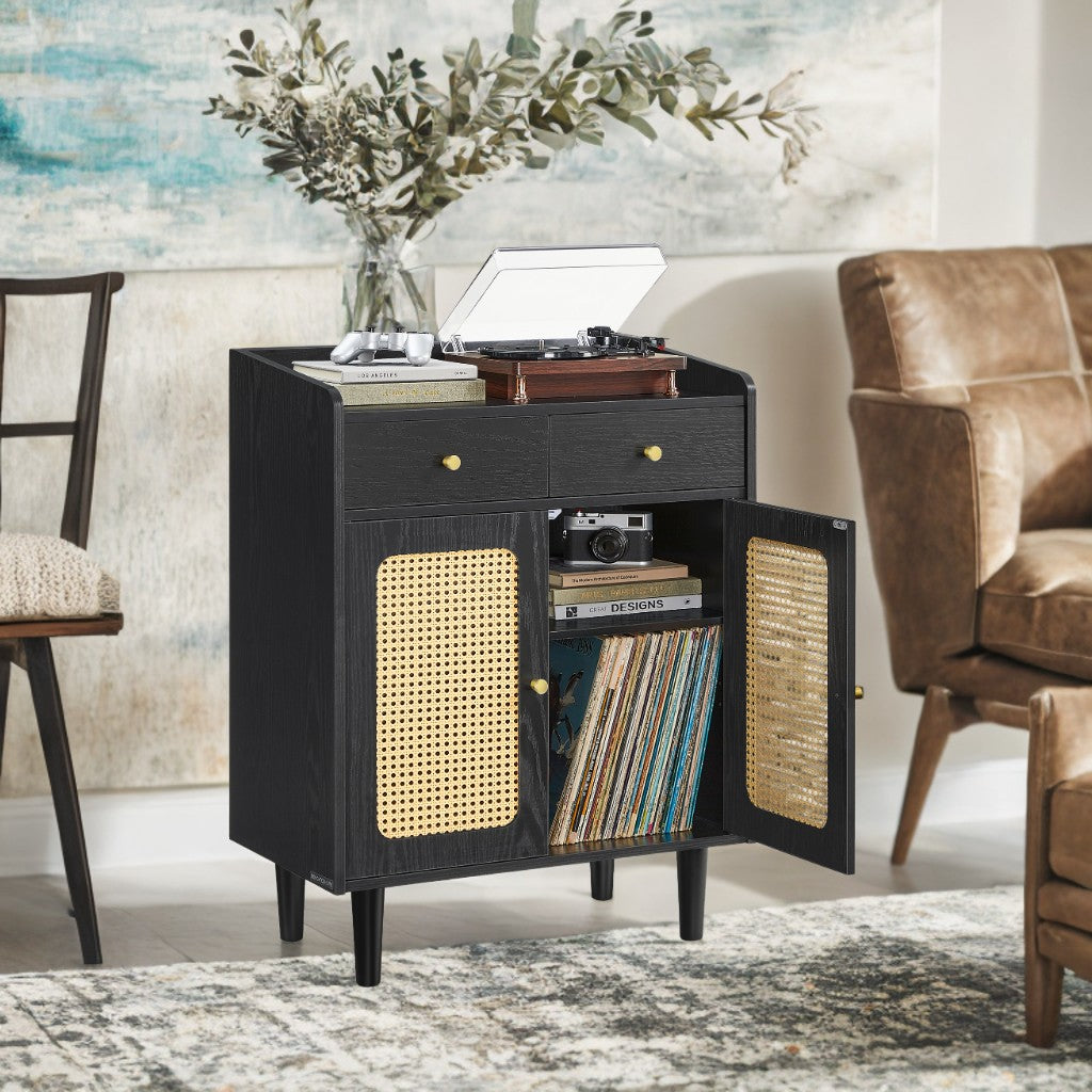 Boho Sideboard Cabinet with Rattan Doors & Drawers, Adjustable Shelf, Coffee Bar or Entryway Storage, Solid Wood Legs, Ebony Black