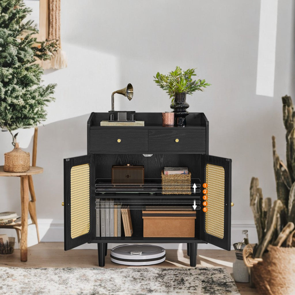 Boho Sideboard Cabinet with Rattan Doors & Drawers, Adjustable Shelf, Coffee Bar or Entryway Storage, Solid Wood Legs, Ebony Black