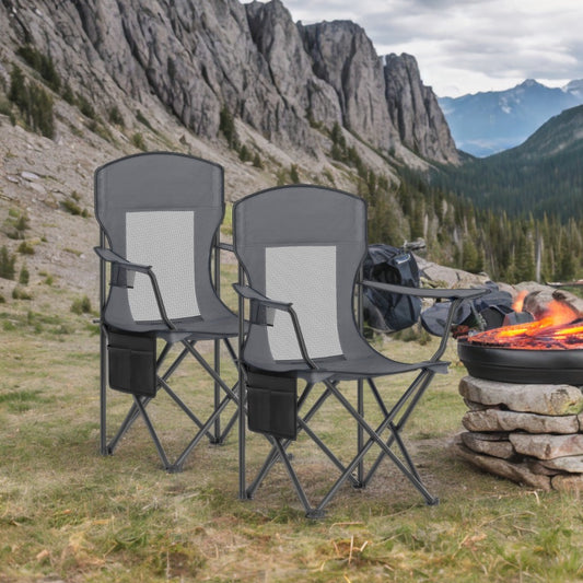 Premium Folding Camping Chairs Set of 2 - High Back Mesh Design, Adjustable Armrests, 330lb Capacity, with Cup Holder & Storage Pocket, Slate Gray