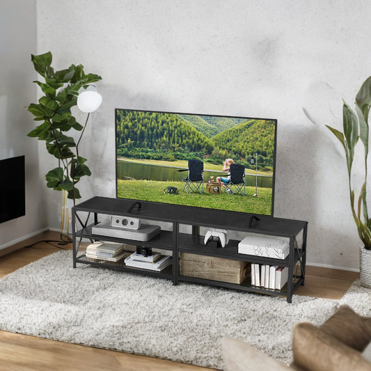 75" TV Stand with Storage Shelves - 70.1" Wide Entertainment Center, Steel Frame & Wood Grain Finish, for Living Room, Bedroom, Black