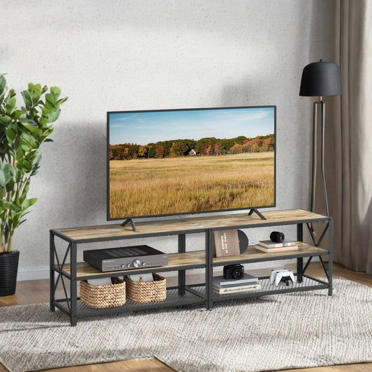 75" TV Stand with 3 Storage Shelves - 70.1" Wide Media Console, Steel Frame & Wood Finish, for Living Room, Bedroom, Turquoise Brown and Black