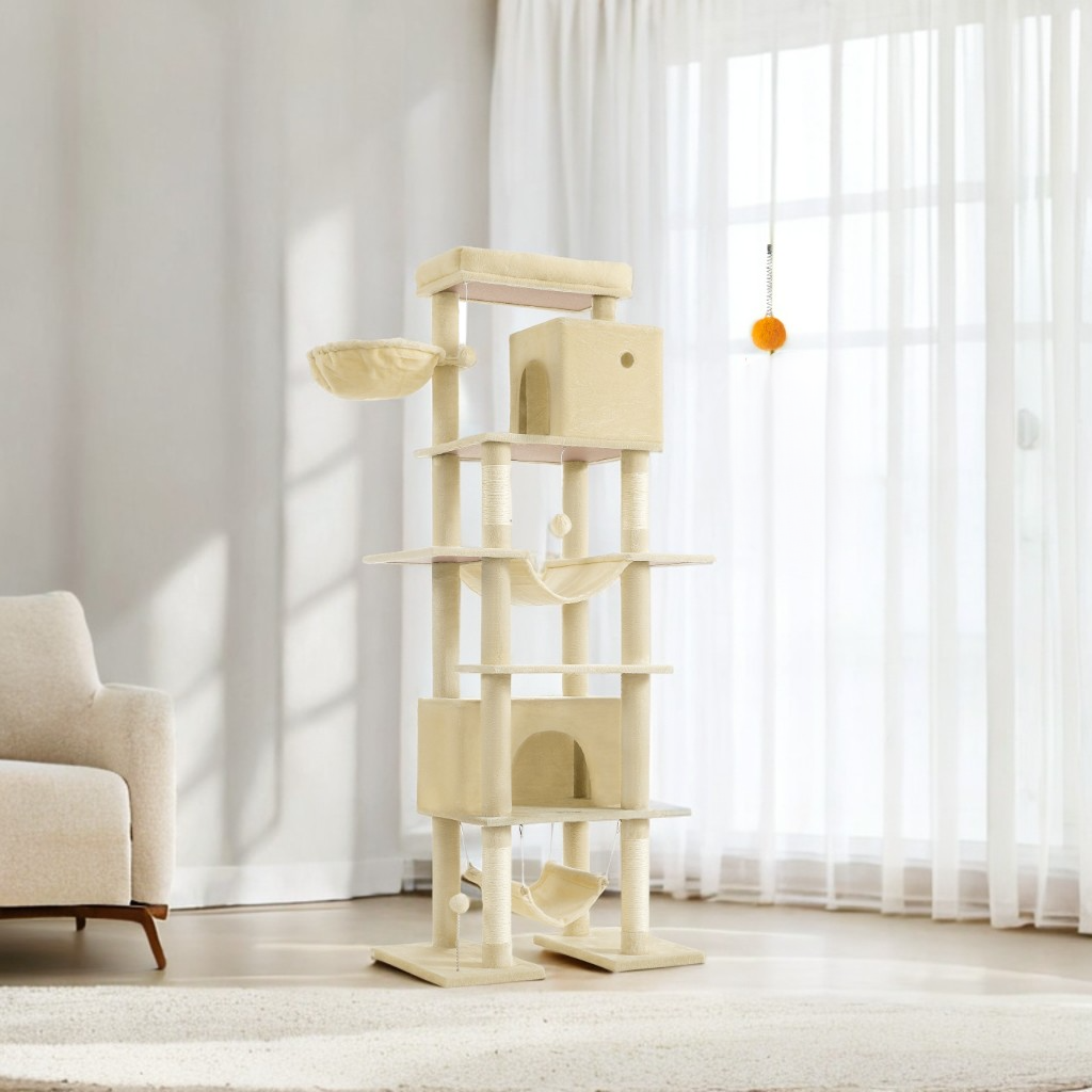 79.1-Inch Multi-Level Cat Tree with 4 Scratching Posts & 2 Hammocks - Large Cat Condo with Anti-Tip Kit, Beige