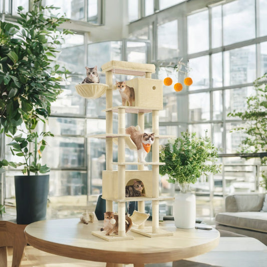 79.1-Inch Multi-Level Cat Tree with 4 Scratching Posts & 2 Hammocks - Large Cat Condo with Anti-Tip Kit, Beige