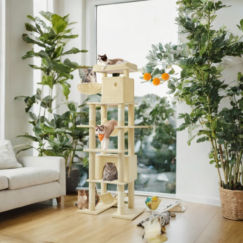 79.1-Inch Multi-Level Cat Tree with 4 Scratching Posts & 2 Hammocks - Large Cat Condo with Anti-Tip Kit, Beige