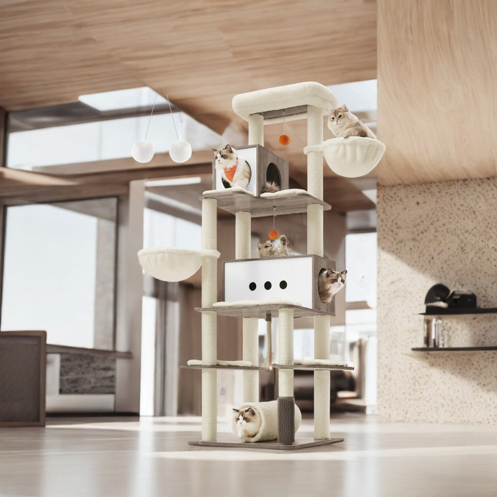 77.5-Inch Modern Cat Tree with 2 Caves & Hammocks - Multi-Level Cat Tower with 4 Scratching Posts & Self-Groomer, Heather Greige