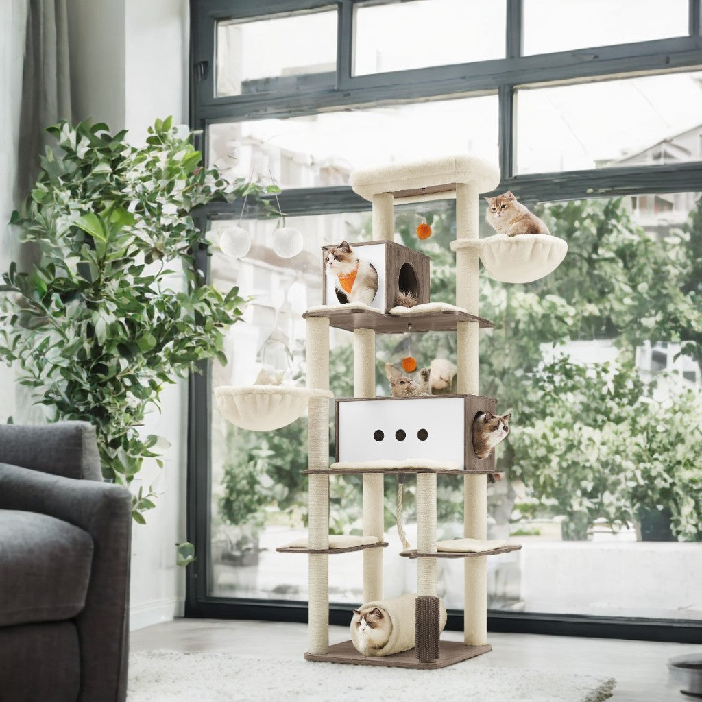 77.5-Inch Modern Cat Tree with 2 Caves & Hammocks - Multi-Level Cat Tower with 4 Scratching Posts & Self-Groomer, Heather Greige