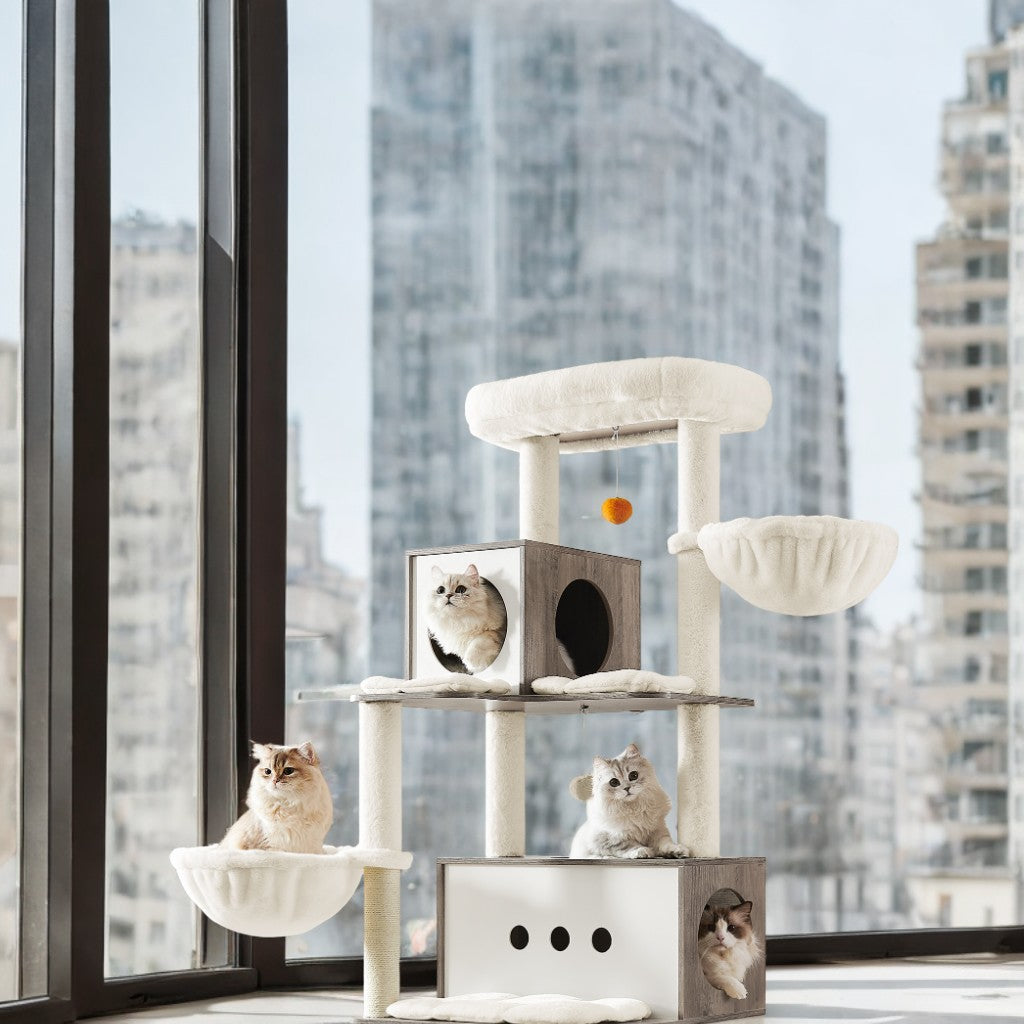 77.5-Inch Modern Cat Tree with 2 Caves & Hammocks - Multi-Level Cat Tower with 4 Scratching Posts & Self-Groomer, Heather Greige