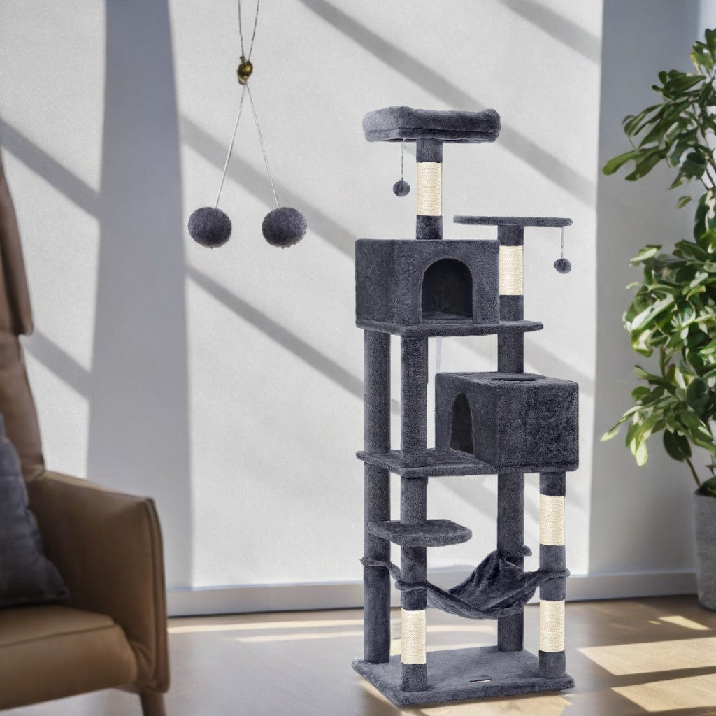 75.2-Inch Cat Tree Tower with 5 Scratching Posts & Hammock - Multi-Level Cat Condo with 2 Perches & Caves, Smoky Gray