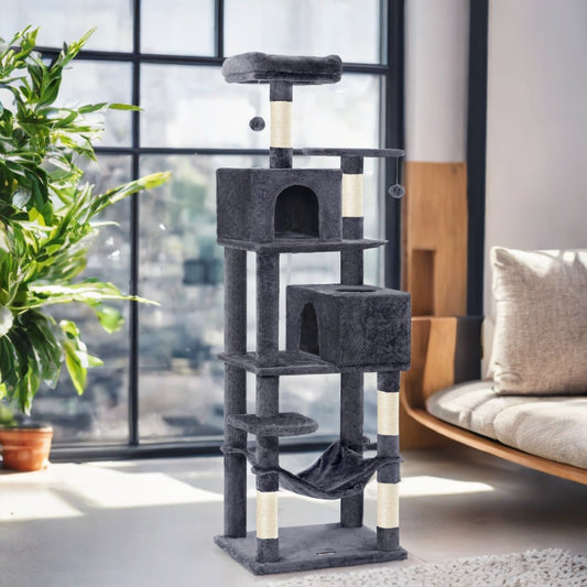 75.2-Inch Cat Tree Tower with 5 Scratching Posts & Hammock - Multi-Level Cat Condo with 2 Perches & Caves, Smoky Gray