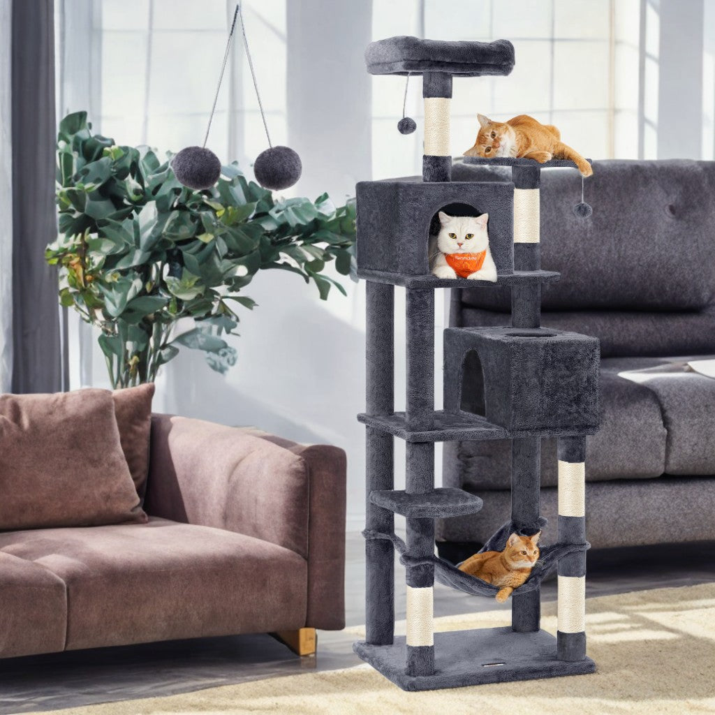 75.2-Inch Cat Tree Tower with 5 Scratching Posts & Hammock - Multi-Level Cat Condo with 2 Perches & Caves, Smoky Gray