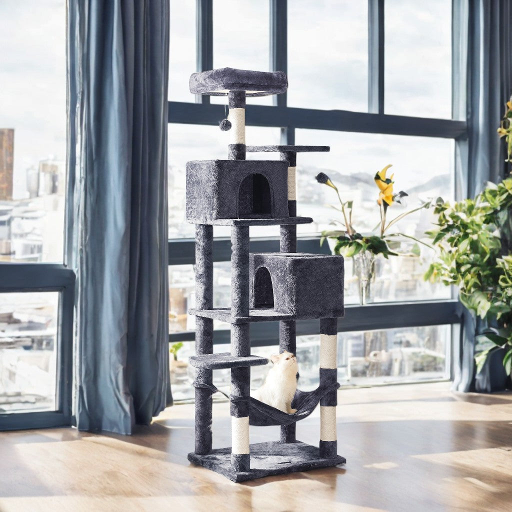 75.2-Inch Cat Tree Tower with 5 Scratching Posts & Hammock - Multi-Level Cat Condo with 2 Perches & Caves, Smoky Gray