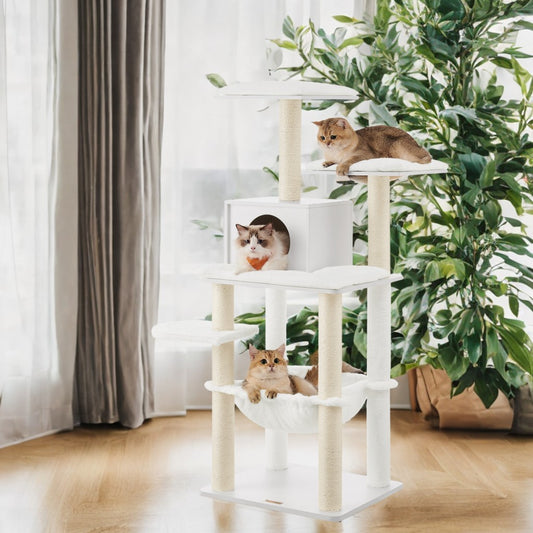 54.3" Modern Cat Tree - Multi-Level Condo with Ultra-Soft Plush, Scratching Posts & Washable Cushions, Cloud White